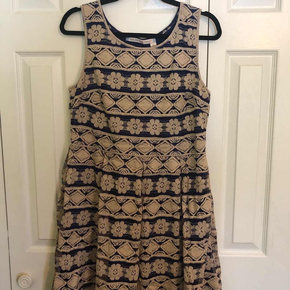 Chelsea and Violet- Navy and tan lace dress